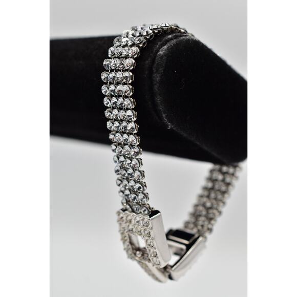 Swarovski Mesh Crystal Tennis Bracelet Prong Rhinestone Silver Swan Signed BinAW - Picture 1 of 12